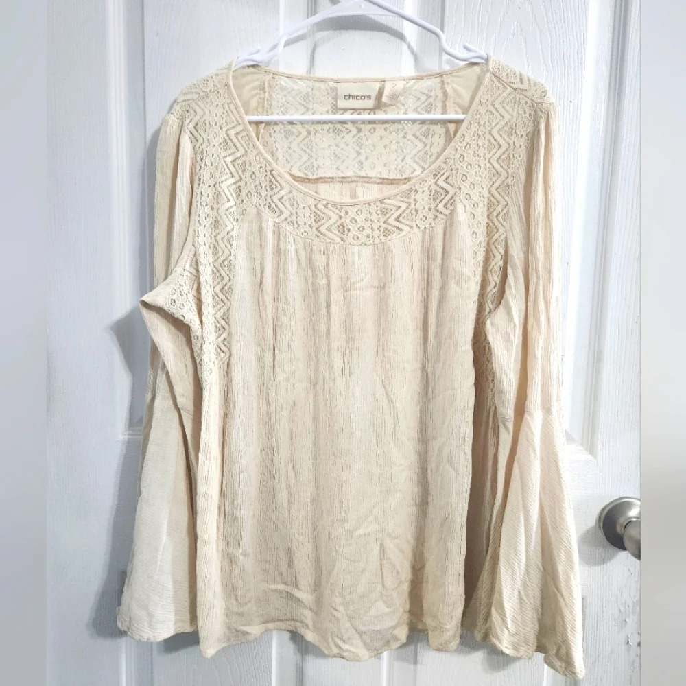 Chicos cream peasant bohemian fairycore lace bell sleeve hippie blouse size 2